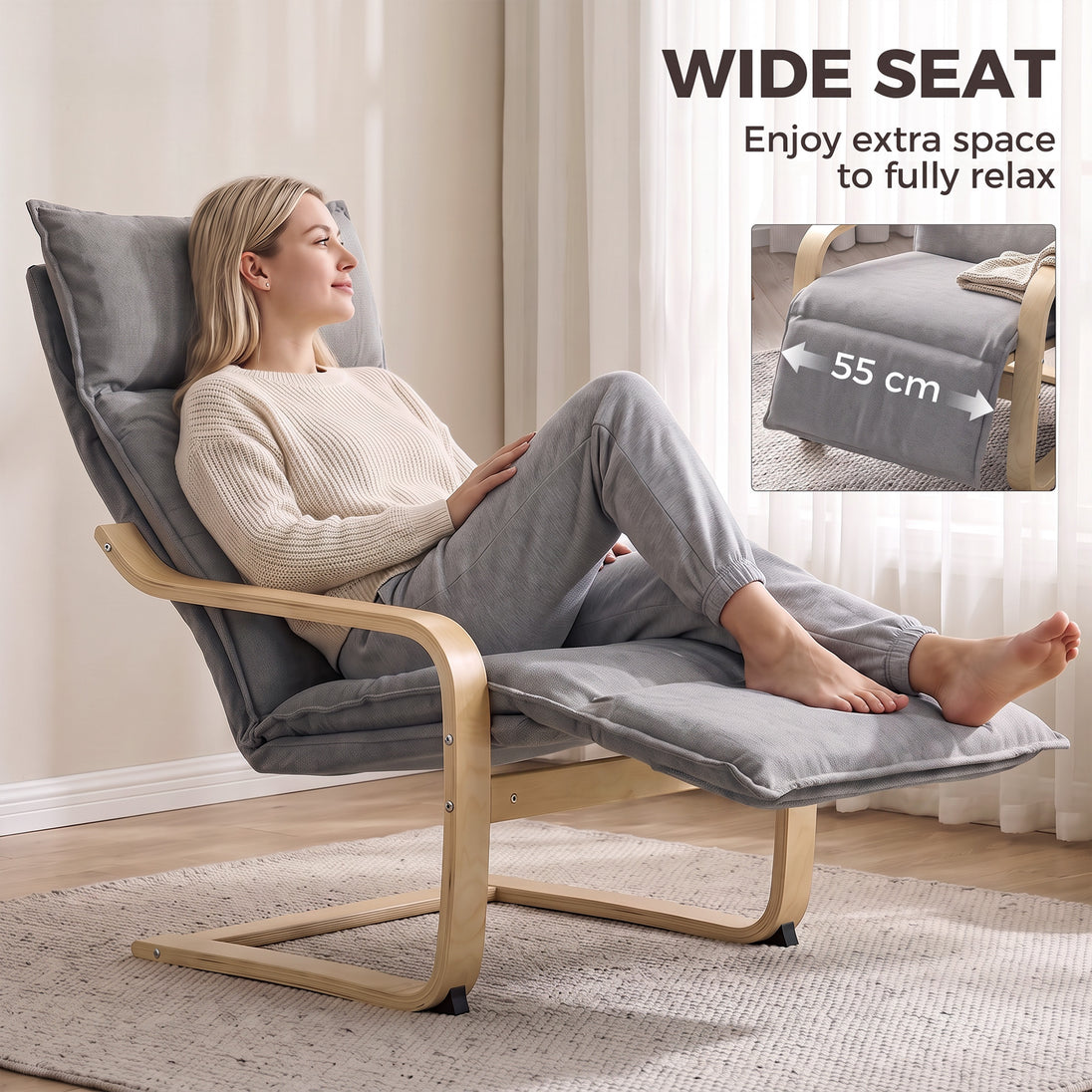 Fauteuil Salon, Fauteuil d'Appoint Rembourré en Lin avec Repose-Pieds, Assise Large, Bascule Douce, Dossier Haut, Gris Aosom