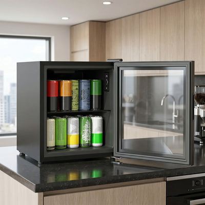 Réfrigérateur à boissons 46L 59 canettes, mini frigo silencieux pose libre avec porte en verre trempé double, noir
