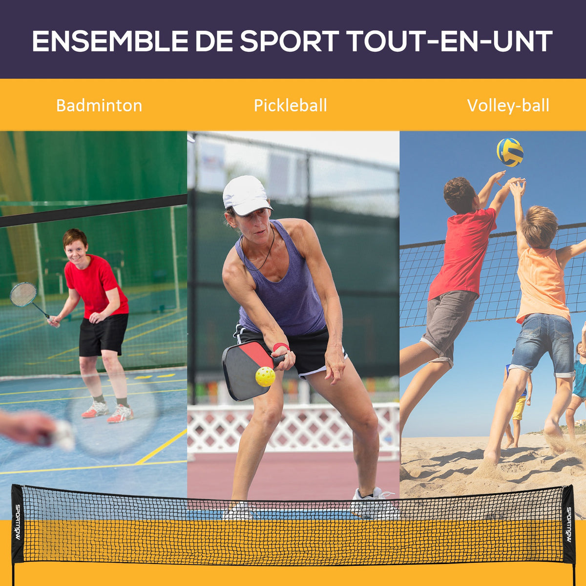 Ensemble set complet de badminton, pickleball et volleyball, 3 en 1, jeux sport extérieur avec filet hauteur réglable