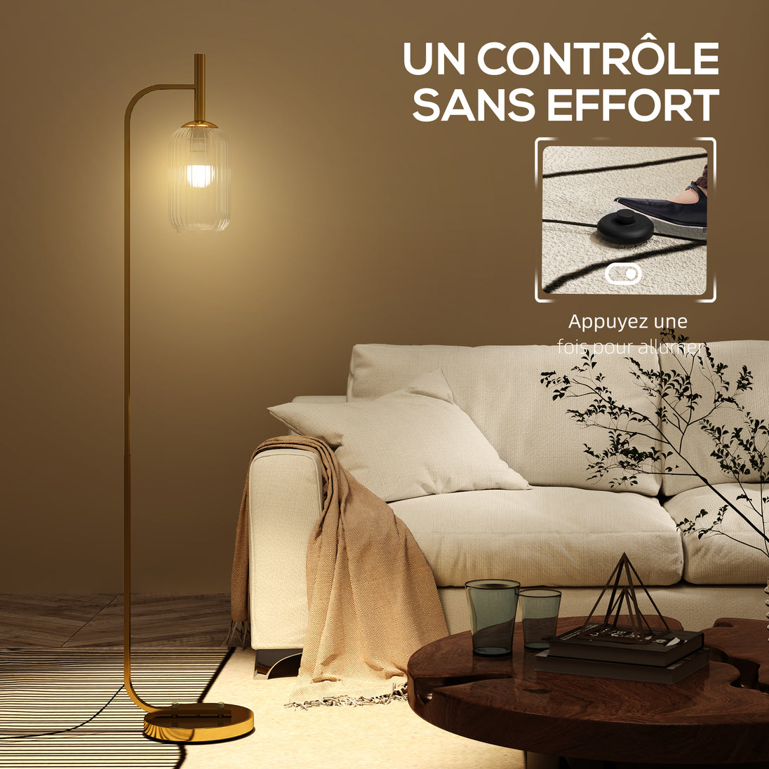 Lampadaire sur pied salon lampe sur pied avec abat-jour en verre texturé interrupteur à pied 29 x 25 x 152 cm métal or Aosom