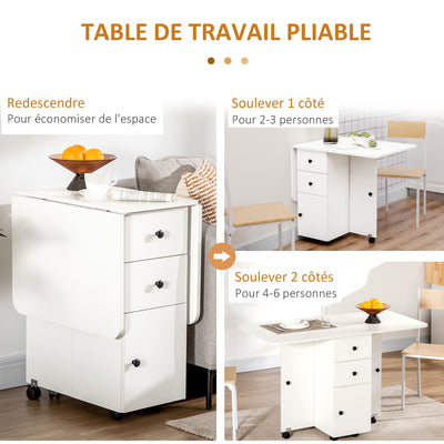Table de cuisine pliable table à manger pliante 2 plateaux rabattables avec 2 tiroirs 1 placard blanc