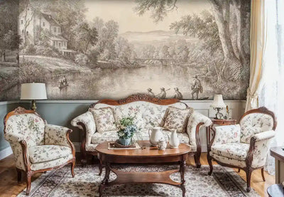 Pastoral River Landscape Wall Mural in Beige and Brown