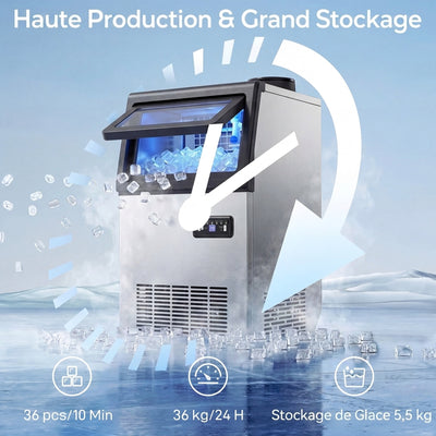 Machine à glaçons commerciale 36 kg/24h, acier inoxydable, ice maker, capacité 5,5 kg, 36 cubes par 10 minutes,