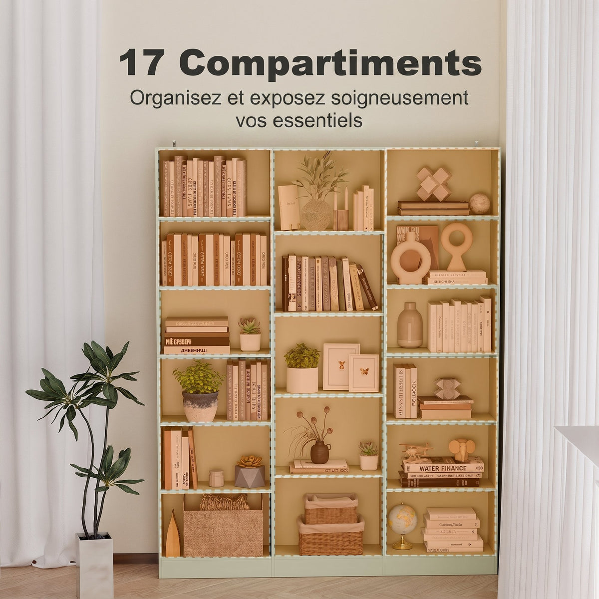 Bibliothèque 6 Niveaux, Étagère de Rangement avec 17 Compartiments et Étagères Réglables, 149 x 23,6 x 188 cm, Vert