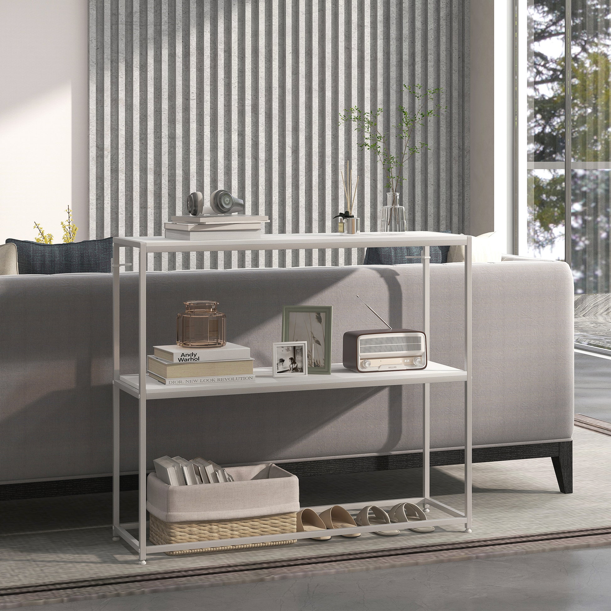 Table console en acier 2 étagères design moderne pour salon entrée couloir 100 x 30 x 87 cm blanc