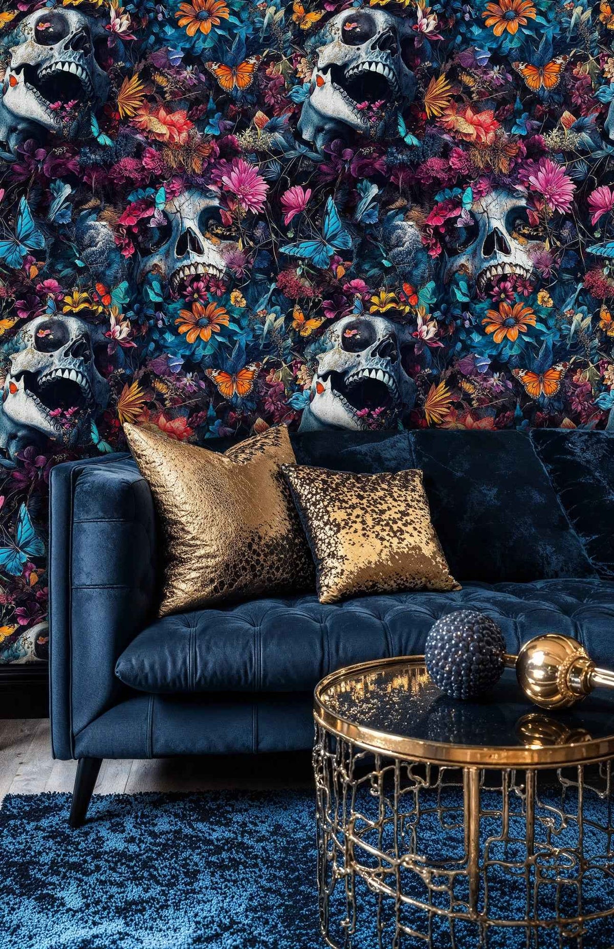 Gothic Skulls and Botanical Blooms Wallpaper