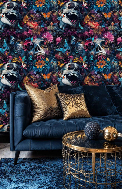 Gothic Skulls and Botanical Blooms Wallpaper