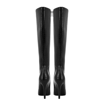 Sleek Black Leather Pointed Knee High Boots