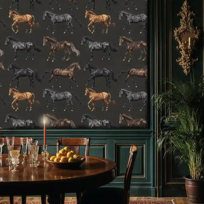 Equestrian Horses Wallpaper in Black and Brown