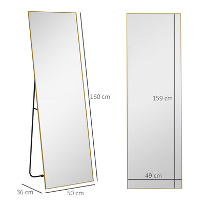 Grand miroir pleine longueur rectangulaire, 50 x 160 cm, miroir sur pied, mural ou pocé contre mur, doré