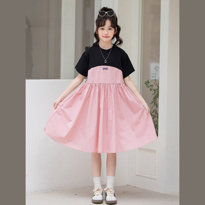 MyKids-USA® Kids Girls Fashion Color Patchwork Cotton Short Sleeves Dress