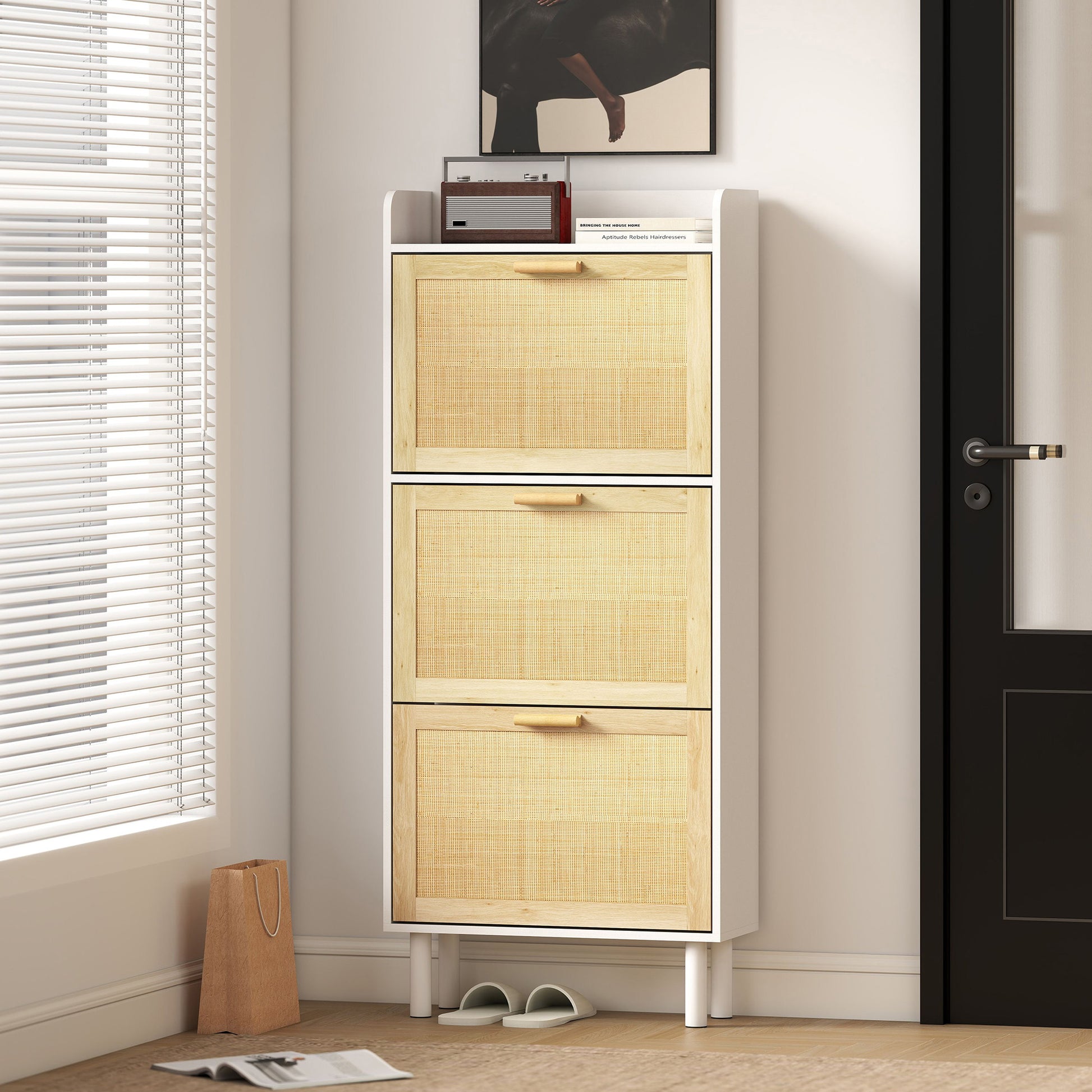 Meuble à chaussures 3 portes abattants étagère effet résine tressée design bohème 65 x 24,5 x 153 cm blanc