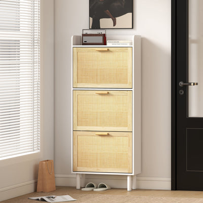 Meuble à chaussures 3 portes abattants étagère effet résine tressée design bohème 65 x 24,5 x 153 cm blanc