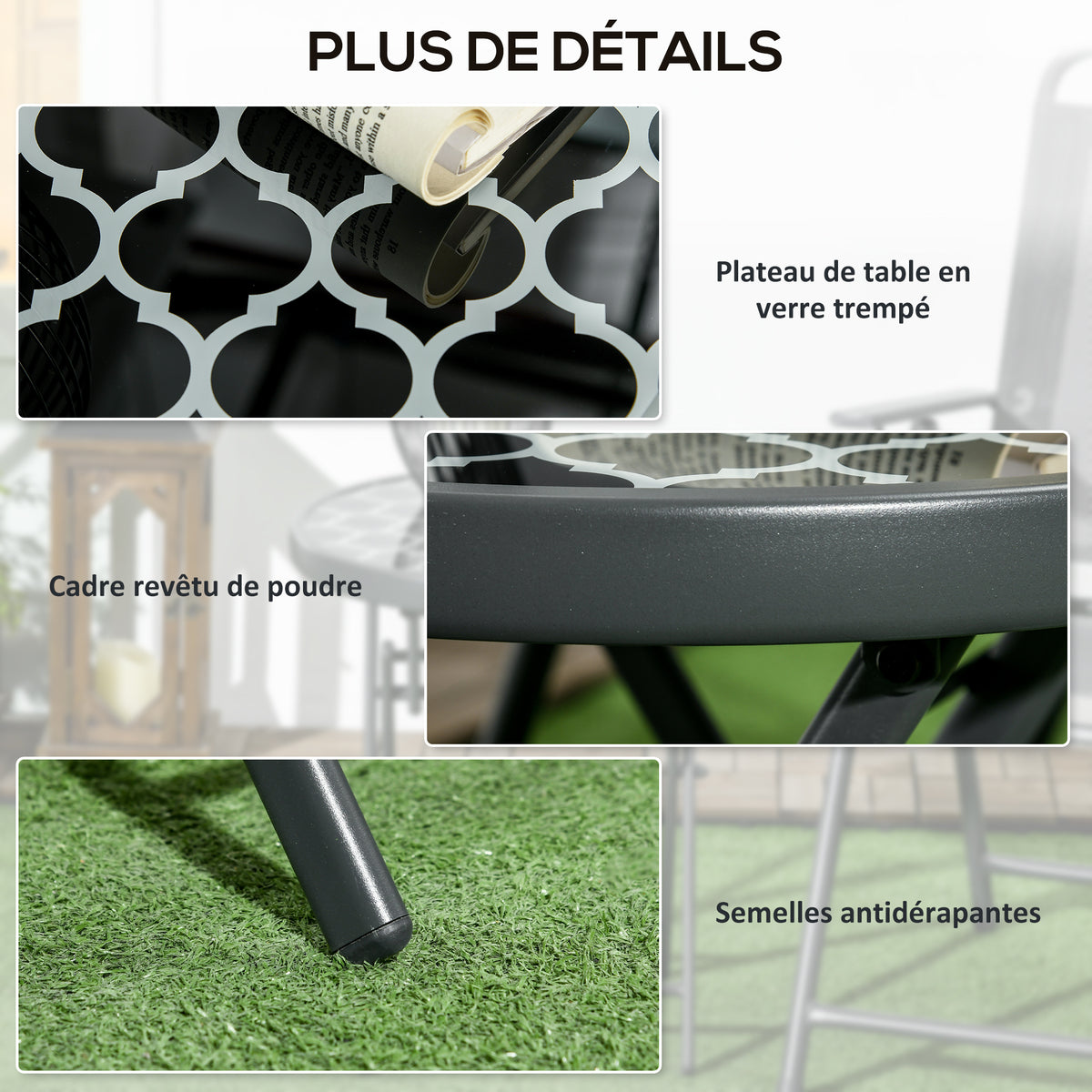 Table basse pliante table d'appoint pliante plateau en verre trempé motifs noirs et blancs en métal Ø 45 x 50 cm noir