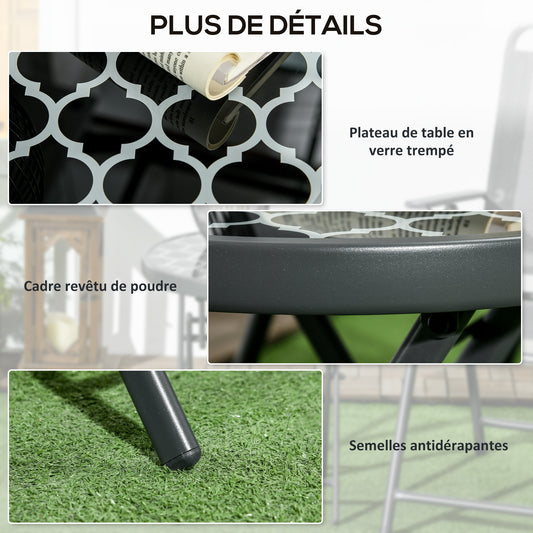 Table basse pliante table d'appoint pliante plateau en verre trempé motifs noirs et blancs en métal Ø 45 x 50 cm noir