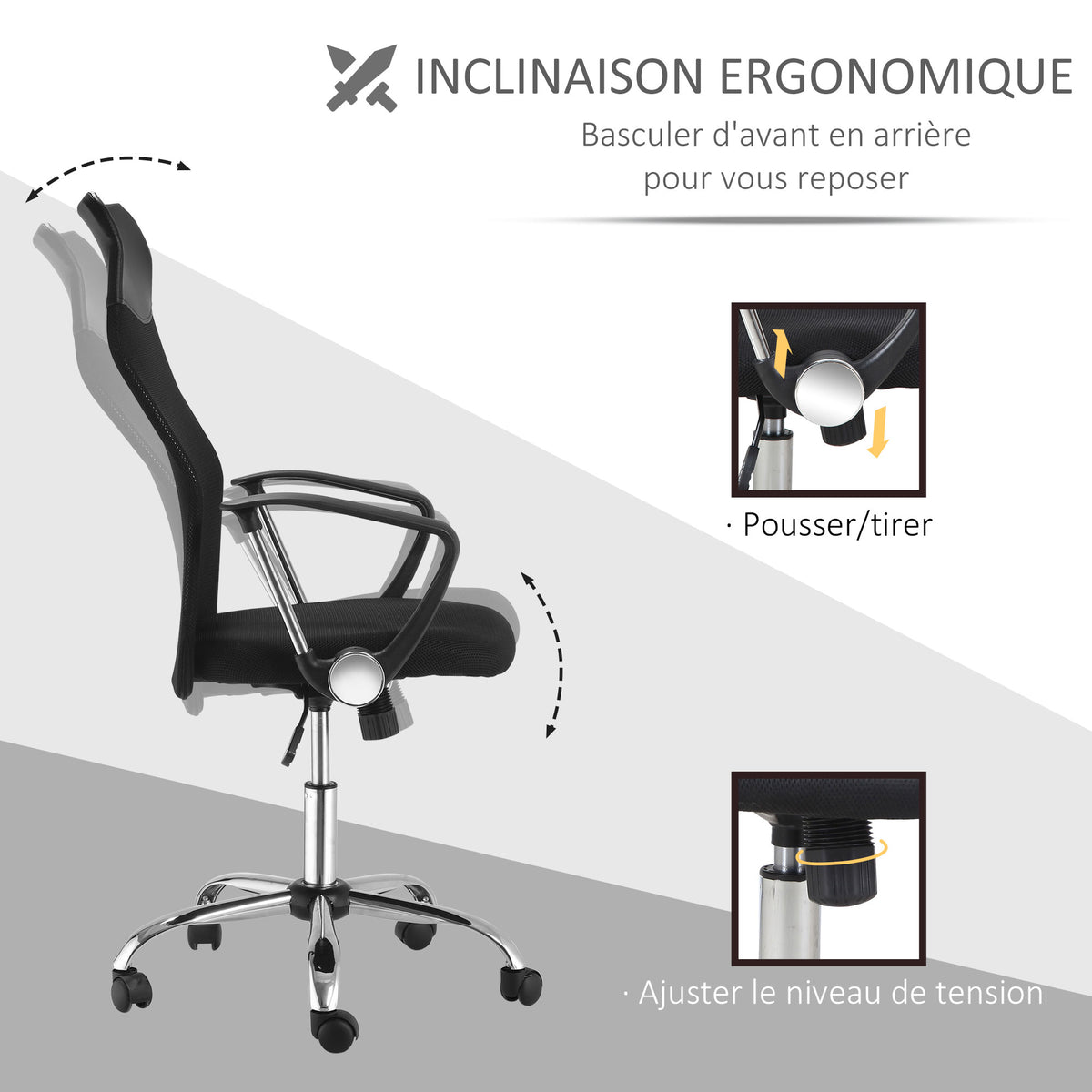 Fauteuil de bureau manager grand confort dossier ergonomique hauteur assise réglable pivotant tissu maille noir