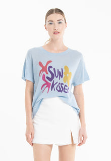 T-shirt col rond manches courtes femme en cachemire déjaugé bleu ciel & imprimé - KELLY 18