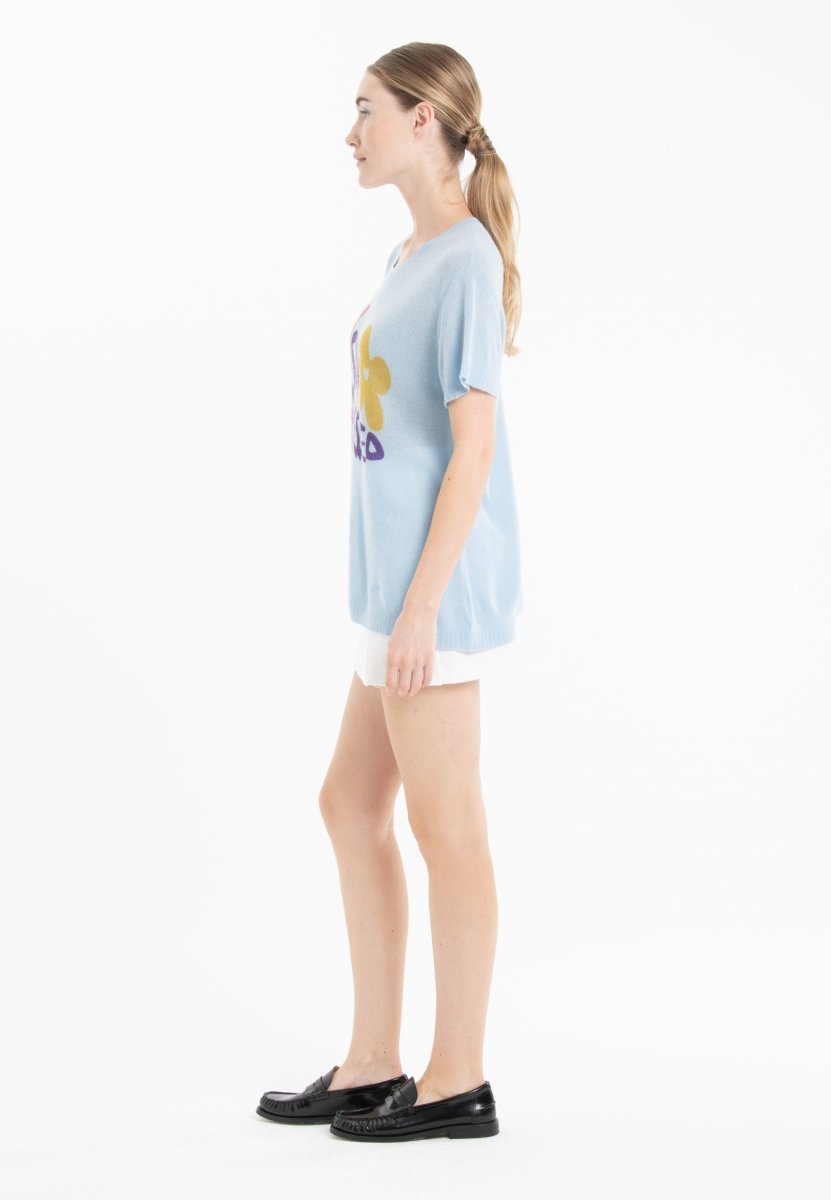 T-shirt col rond manches courtes femme en cachemire déjaugé bleu ciel & imprimé - KELLY 18