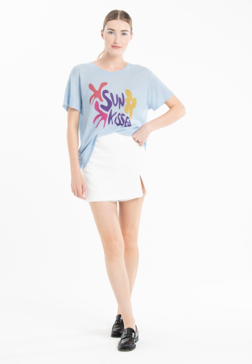 T-shirt col rond manches courtes femme en cachemire déjaugé bleu ciel & imprimé - KELLY 18