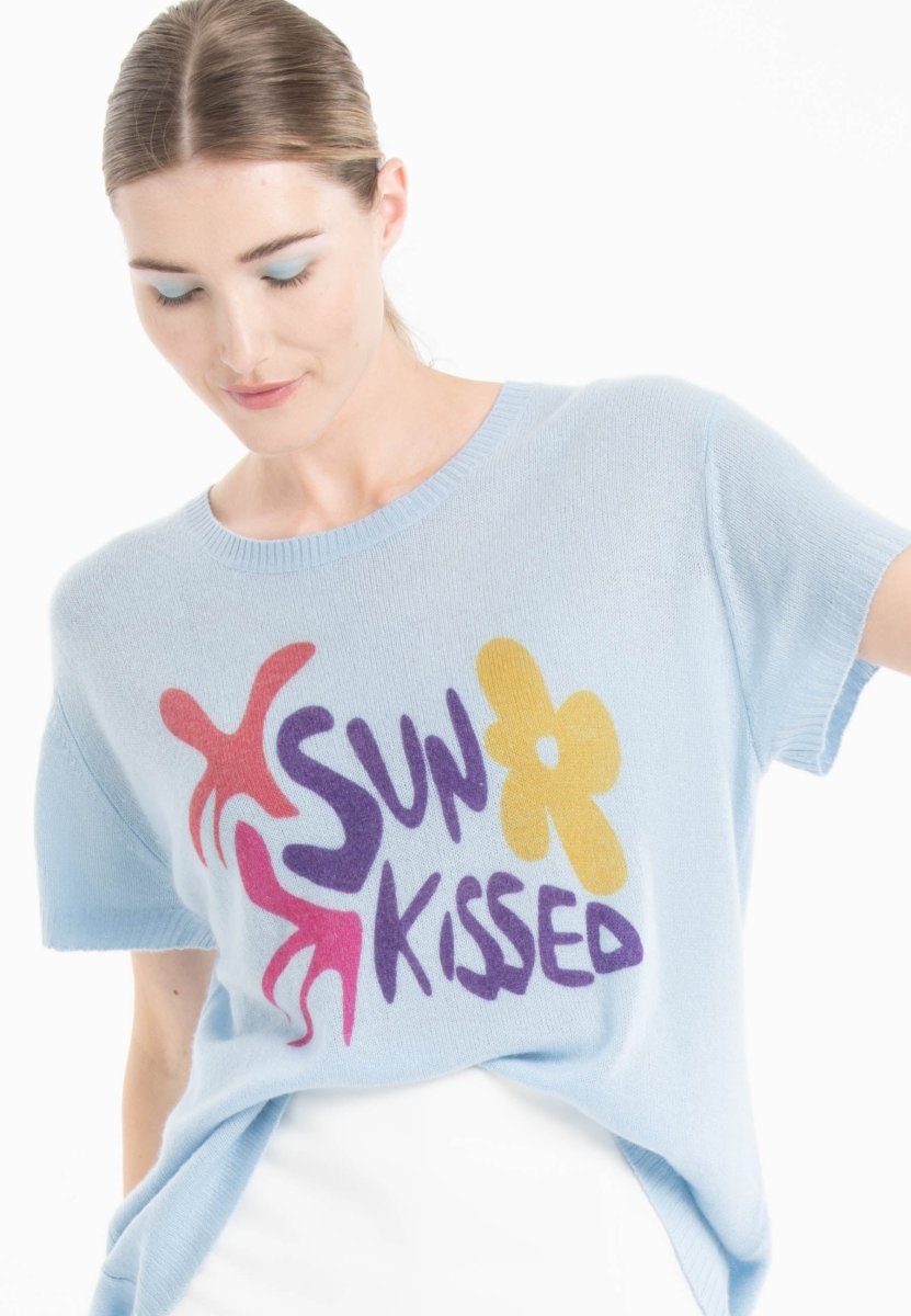 T-shirt col rond manches courtes femme en cachemire déjaugé bleu ciel & imprimé - KELLY 18