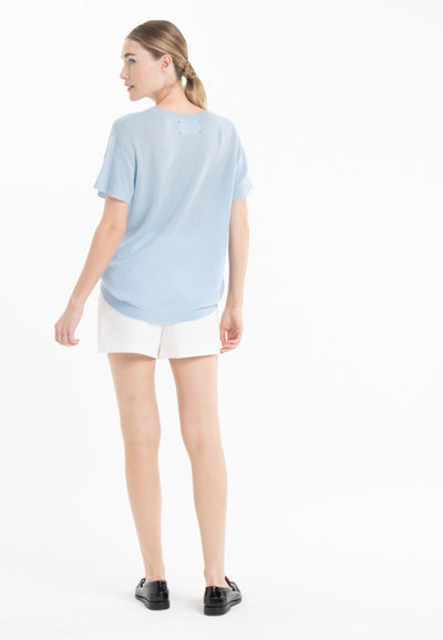 T-shirt col rond manches courtes femme en cachemire déjaugé bleu ciel & imprimé - KELLY 18