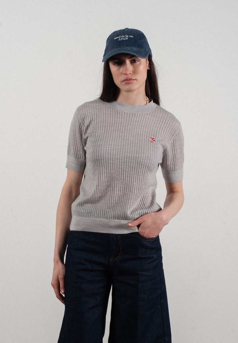 T-shirt col rond manches courtes femme en cachemire et laine ajouré ultrafin gris clair - FRIDA 8