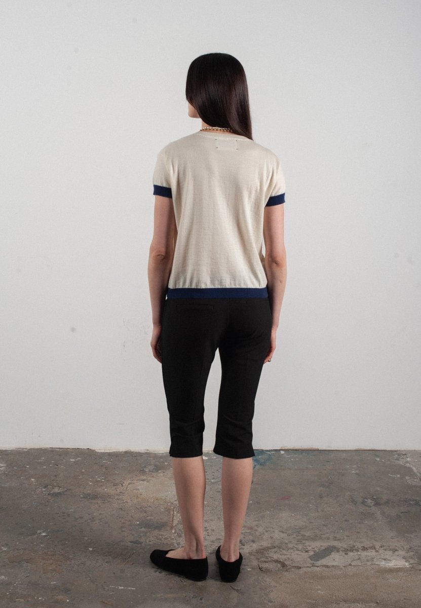 T-shirt col rond manches courtes femme en cachemire & laine ultrafin blanc & bleu marine - KELLY 1