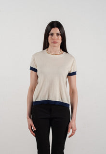 T-shirt col rond manches courtes femme en cachemire & laine ultrafin blanc & bleu marine - KELLY 1