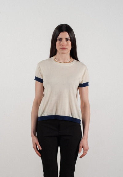 T-shirt col rond manches courtes femme en cachemire & laine ultrafin blanc & bleu marine - KELLY 1