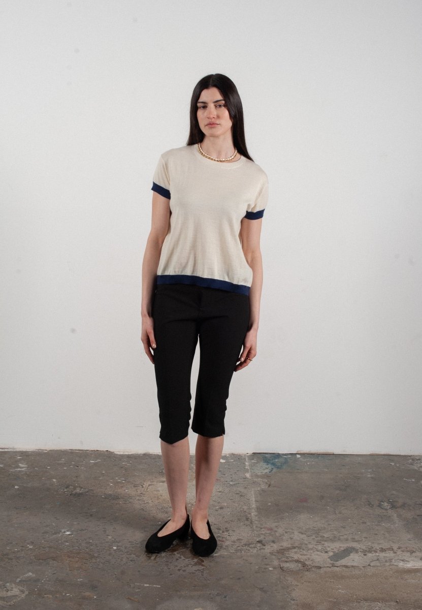 T-shirt col rond manches courtes femme en cachemire & laine ultrafin blanc & bleu marine - KELLY 1