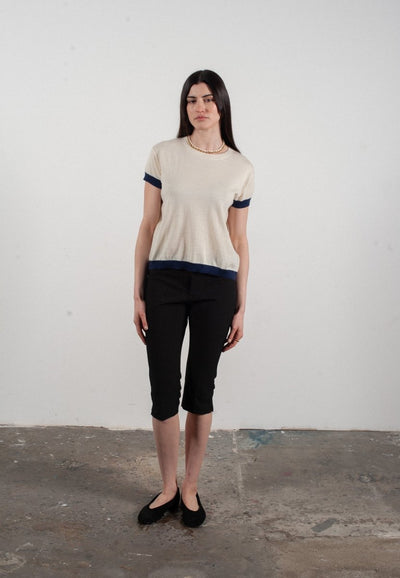 T-shirt col rond manches courtes femme en cachemire & laine ultrafin blanc & bleu marine - KELLY 1