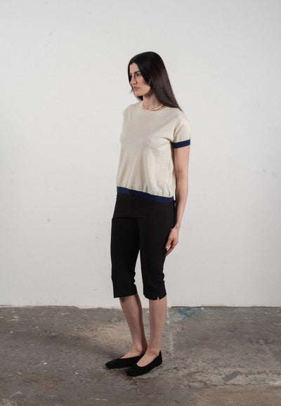 T-shirt col rond manches courtes femme en cachemire & laine ultrafin blanc & bleu marine - KELLY 1