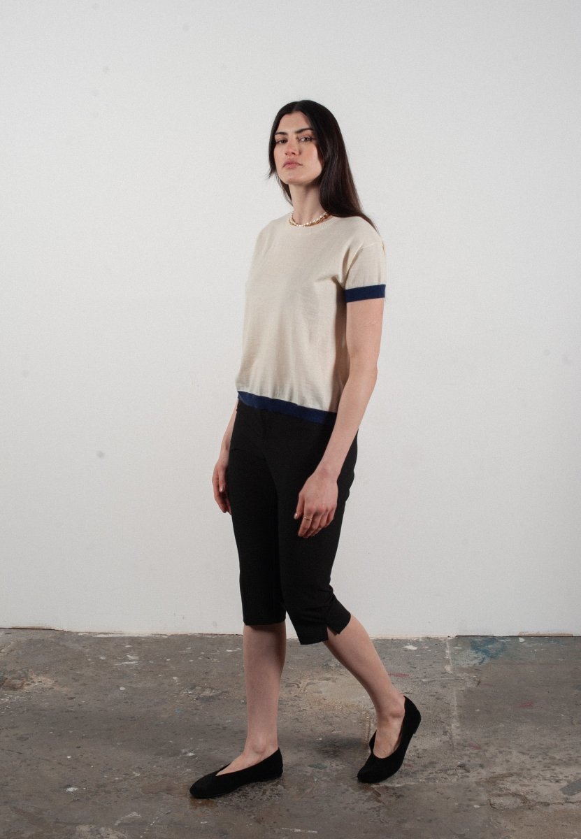 T-shirt col rond manches courtes femme en cachemire & laine ultrafin blanc & bleu marine - KELLY 1