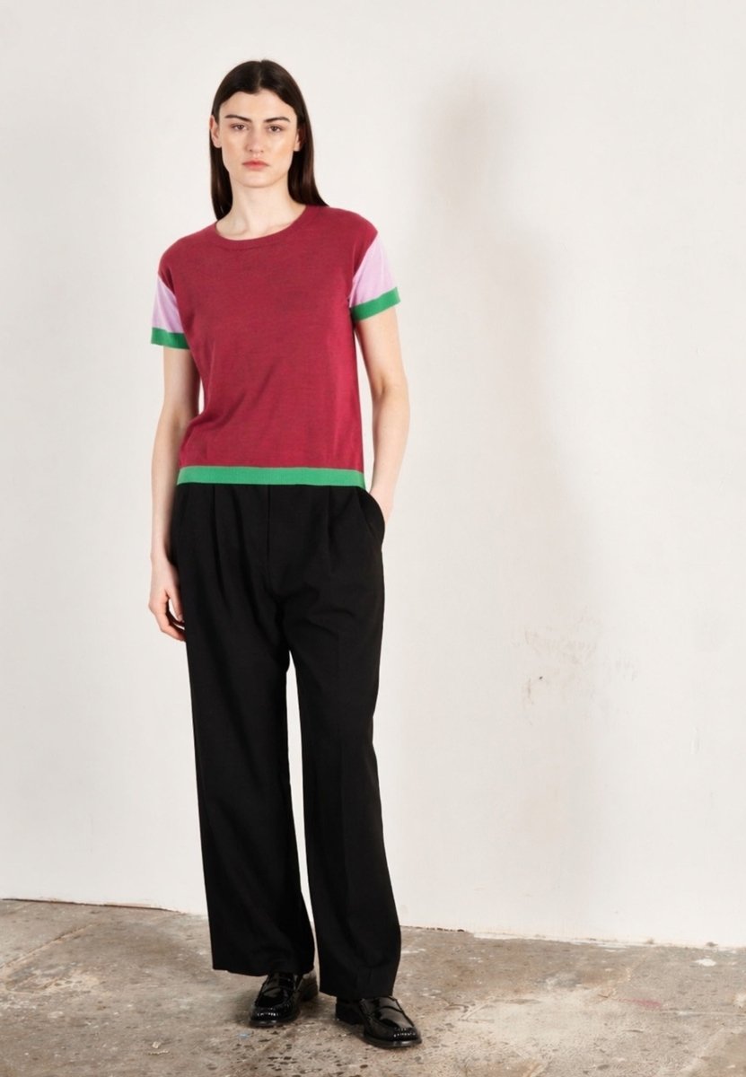 T-shirt col rond manches courtes femme en cachemire & laine ultrafin rouge & lavande & vert - KELLY 7