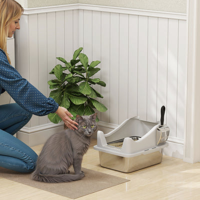 Bac à litière en acier inoxydable, maison de toilette pour chat, bords hauts, nettoyage facile, 43,1x33,2x25,4cm, gris
