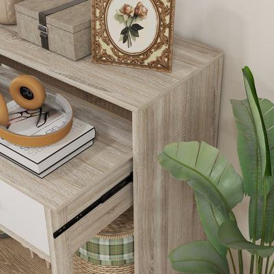 Table console avec plateau coulissant et 2 tiroirs, table de couloir avec rangement, 95l x 35P x 87H cm, aspect chêne