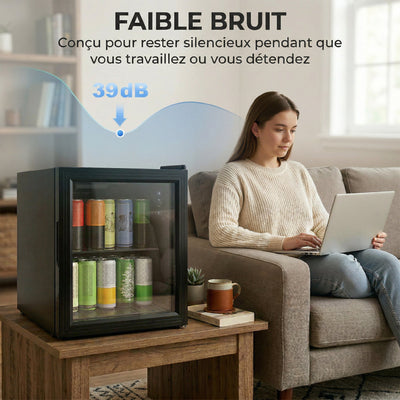 Réfrigérateur à boissons 46L 59 canettes, mini frigo silencieux pose libre avec porte en verre trempé double, noir