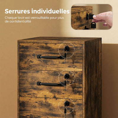 Caisson de Bureau Mobile avec 3 Tiroirs Verrouillables, Caisson de Rangement sur Roulettes, 40 x 40 x 69,5 cm, Marron