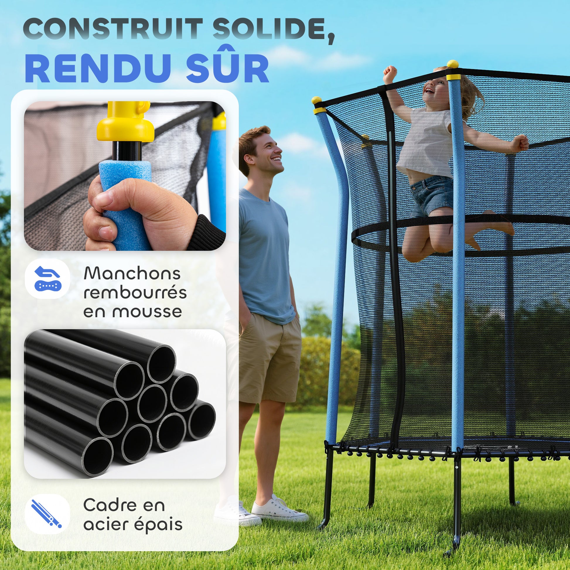 Trampoline pour enfant 1,22 x 1,11 x 1,9 m filet de sécurité porte zippée 6 poteaux rembourrés inclus bleu noir