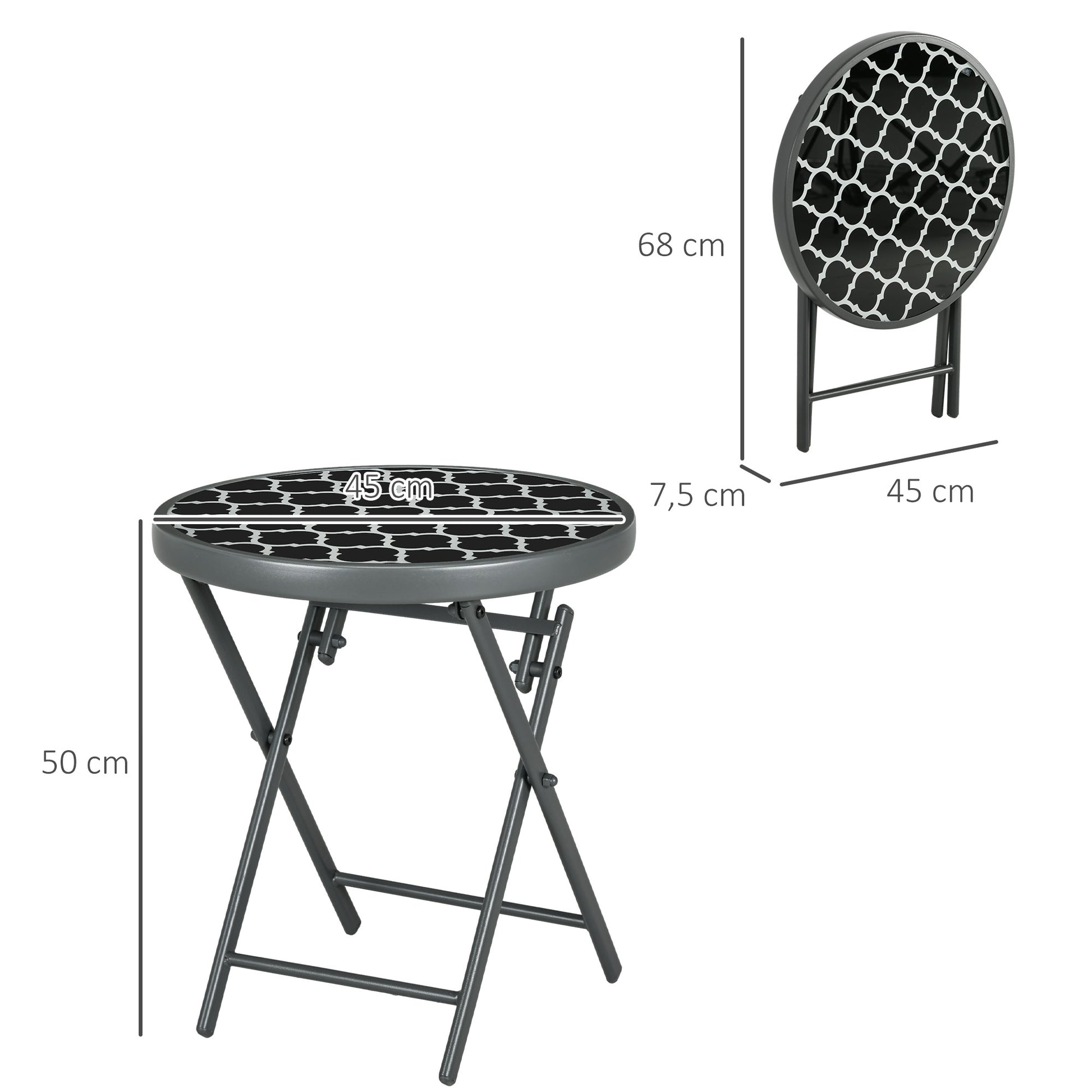 Table basse pliante table d'appoint pliante plateau en verre trempé motifs noirs et blancs en métal Ø 45 x 50 cm noir