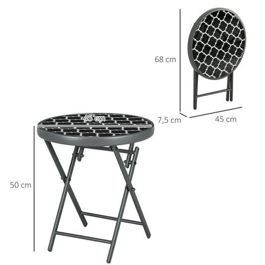 Table basse pliante table d'appoint pliante plateau en verre trempé motifs noirs et blancs en métal Ø 45 x 50 cm noir