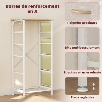 Commode 5 tiroirs en tissu, meuble de rangement avec 4 poches, 2 crochets, structure en acier, 45 x 30 x 94,5 cm, beige