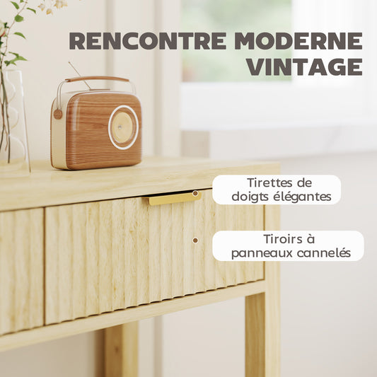 Console meuble 90 cm, table console étroite avec 2 tiroirs rainurés et étagère, style moderne, bois naturel