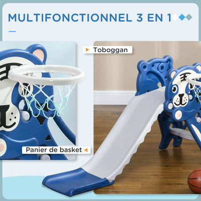 Toboggan pour enfants, toboggan intérieur pour enfants, avec panier de basket, thème tigre, de 18 à 36 mois, bleu