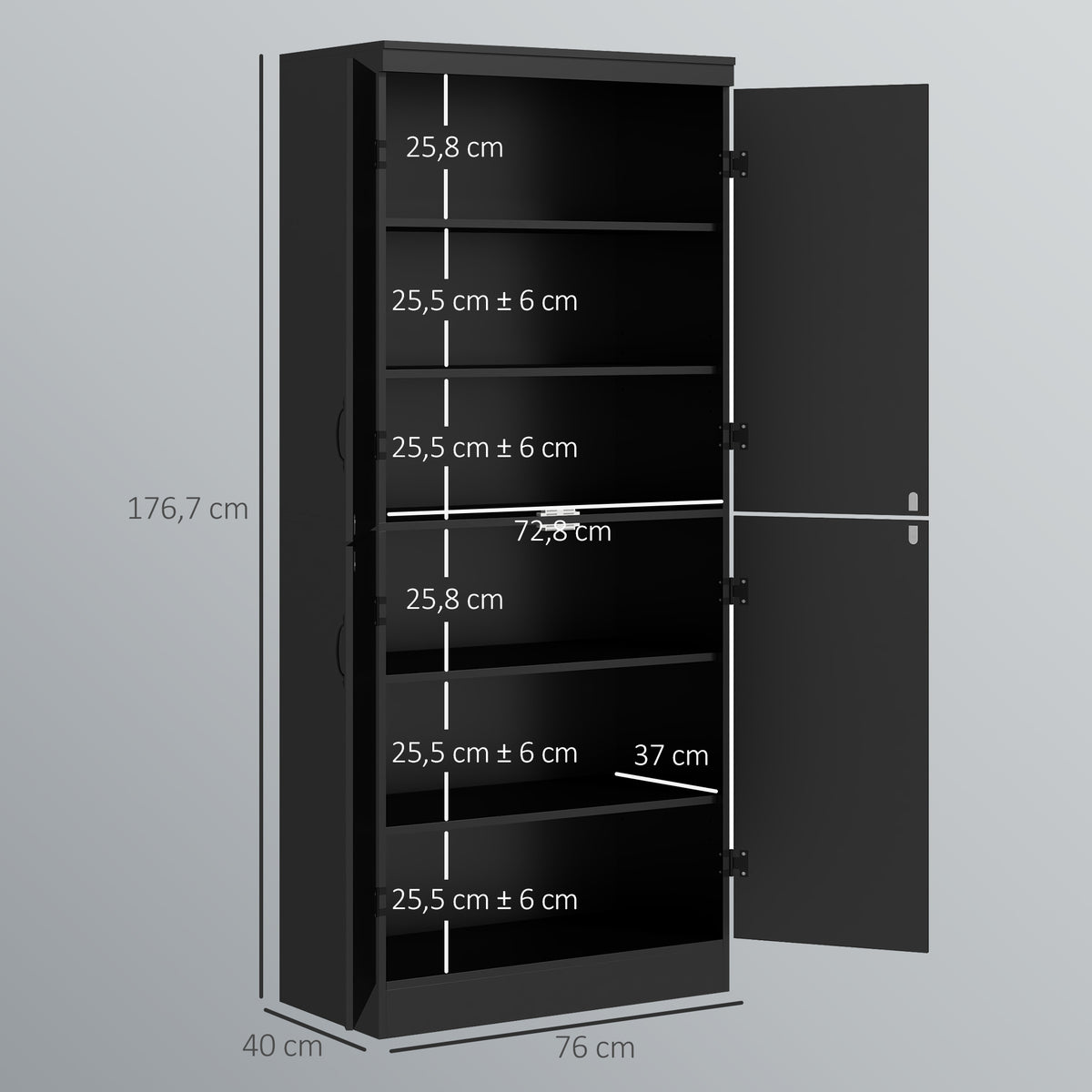 Buffet haut cuisine, armoire de cuisine avec 4 portes à 6 niveaux et étagères réglables, 76 x 40 x 176,7 cm, noir