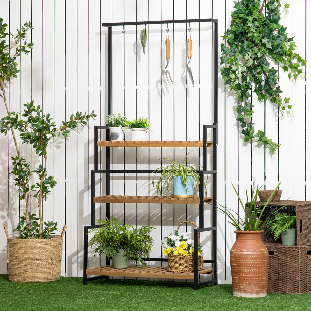 Porte plante suspendue en bois 3 niveaux + barre support avec 4 crochets pour pots suspendus 80 x 36 x 174 cm