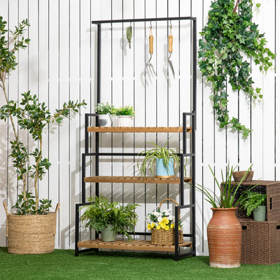 Porte plante suspendue en bois 3 niveaux + barre support avec 4 crochets pour pots suspendus 80 x 36 x 174 cm