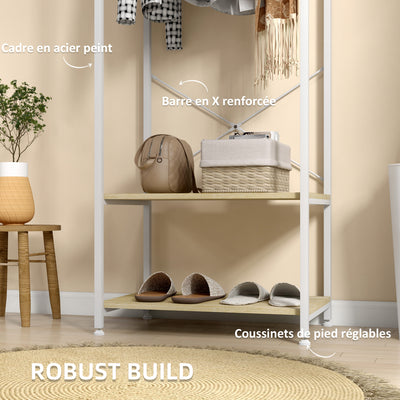 Porte-Manteaux avec tringle et 2 étagère à chaussures 60L x 40l x 167,5H cm Aspect bois Clair métal Blanc