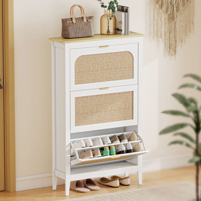 Meuble à chaussures 21 paires bohème avec 3 tiroirs rabattables, portes effet cannage rotin, 80 x 24 x 131 cm, blanc