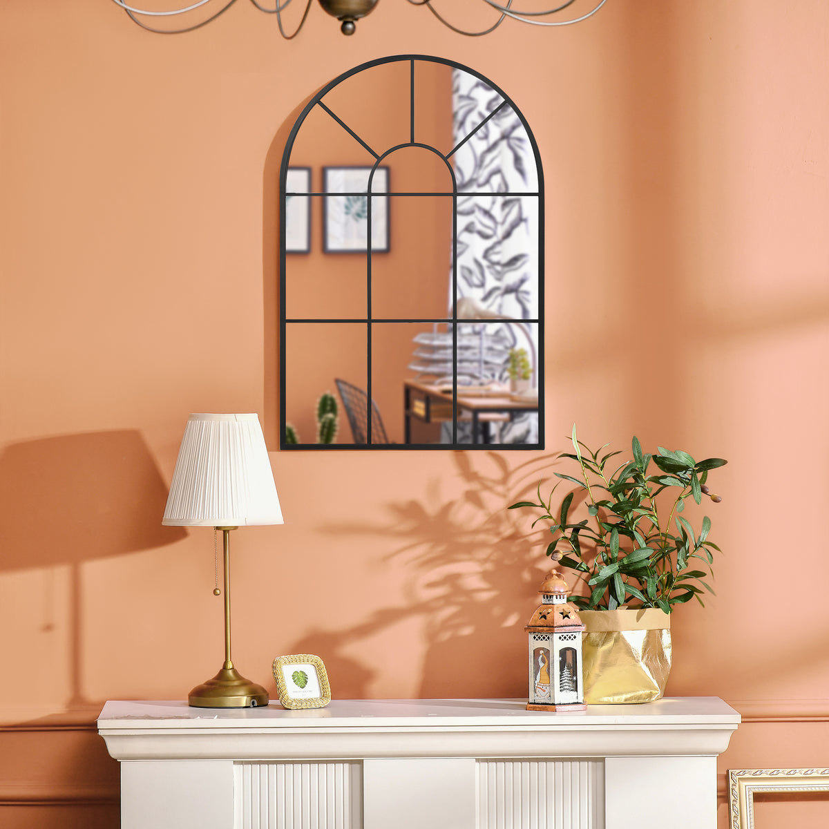Miroir mural arqué 91 x 60 cm, miroir verrière arche style industriel, miroir de fenêtre arqué avec cadre métallique, pour salon, chambre, couloir, noir
